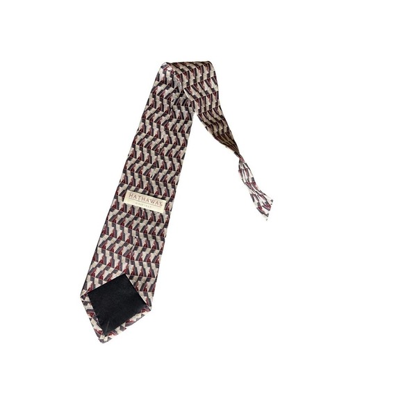 Hathaway Men's Necktie 57X4 inches Maroon Silver Ivory Geo Print Silk New - Picture 4 of 5